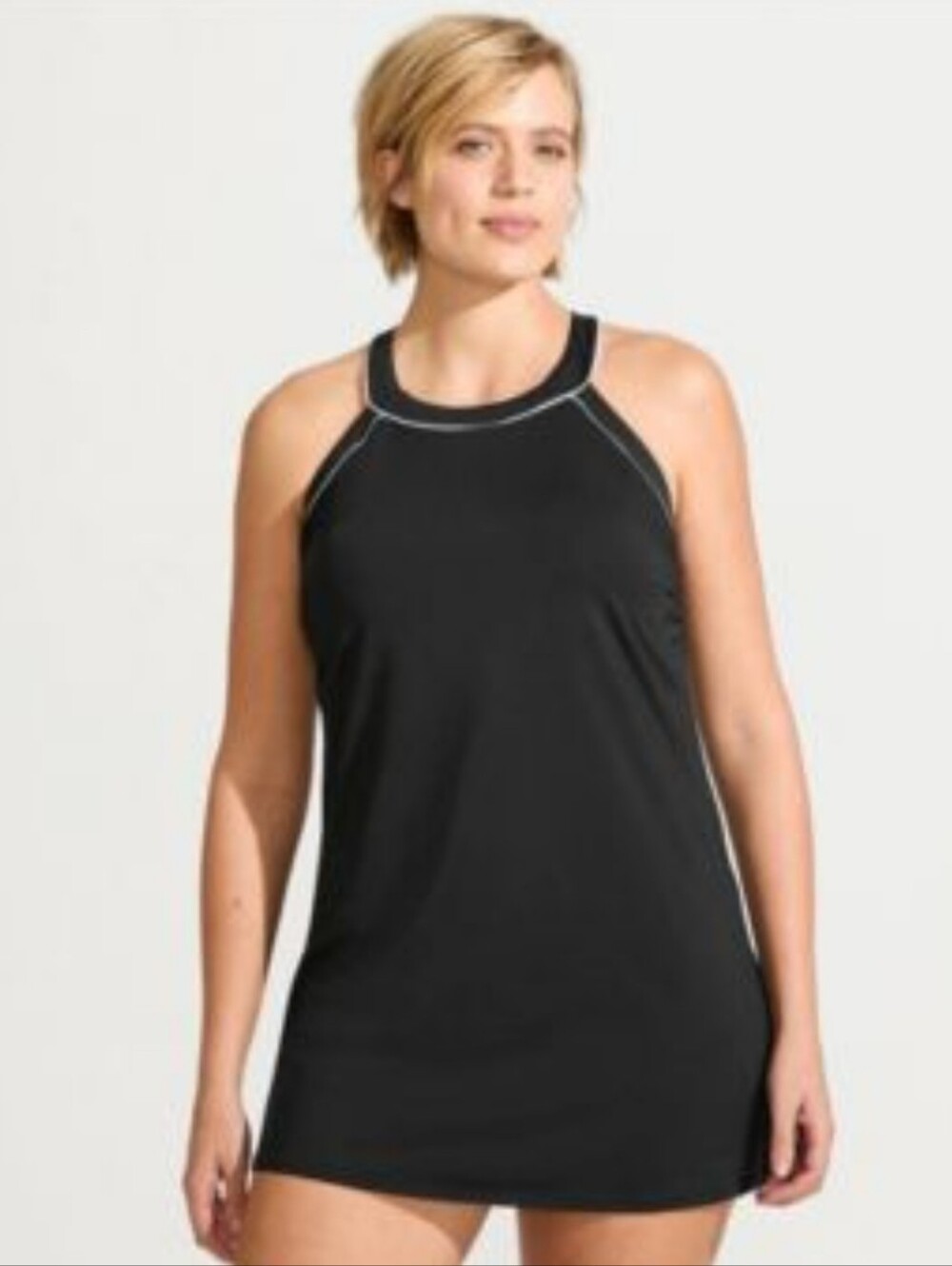 Lands' End Black High-Neck Swim Dress with Contrast Stitching
